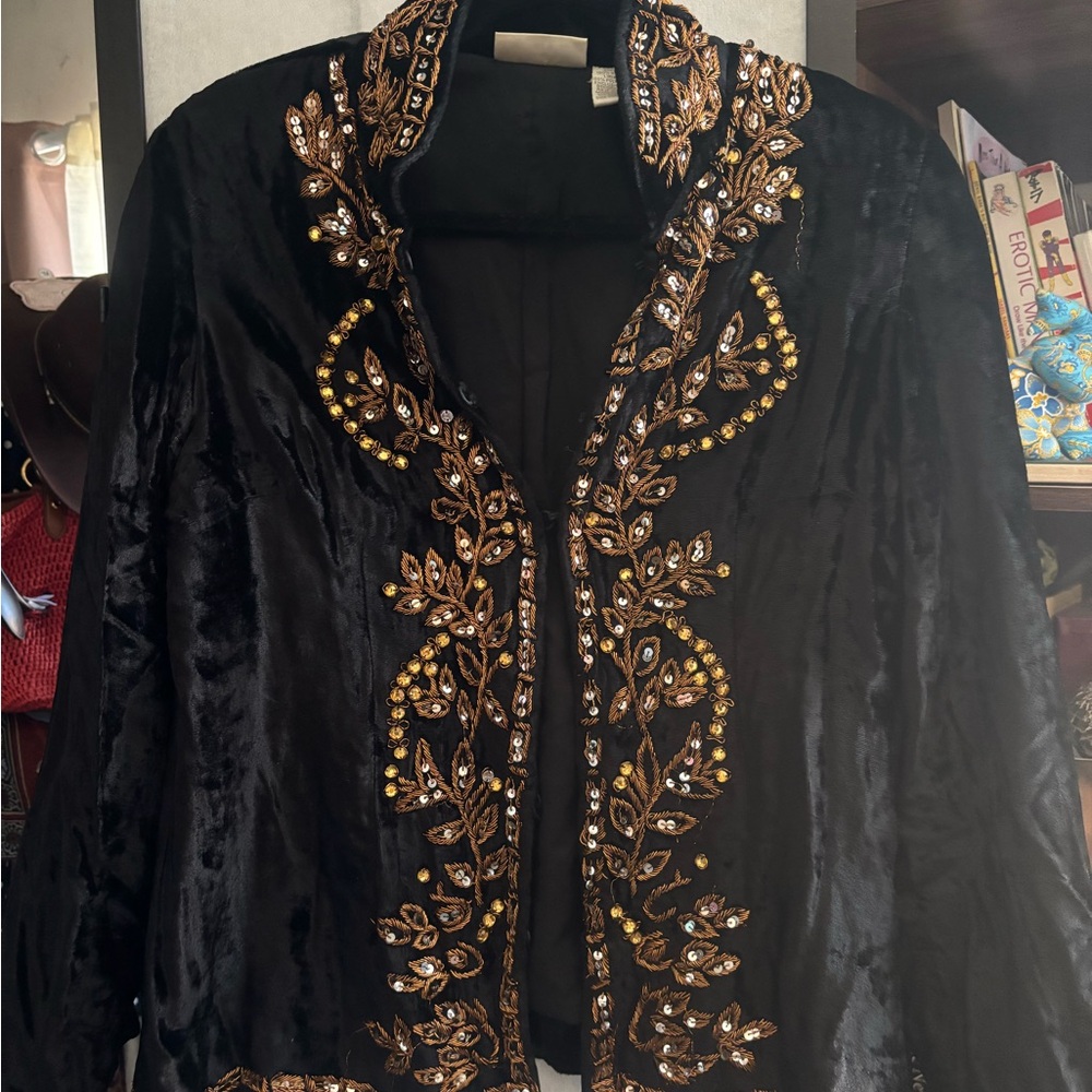 Soft Surroundings Velvet Embroidered Boho Jacket | Black Gold Sequin India-Made